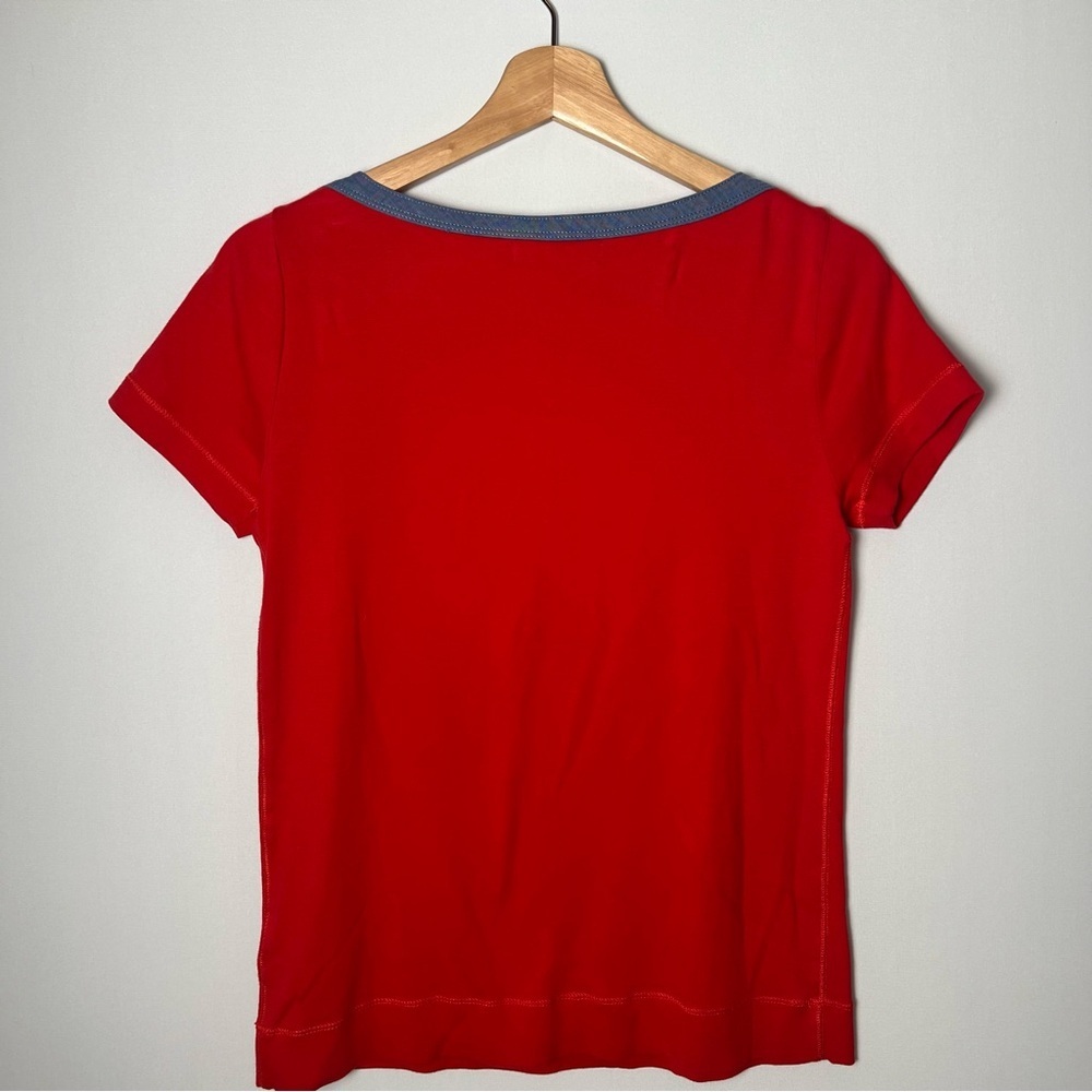 Lauren Ralph Lauren 90s Y2K Chambray Trim Zip Shoulder Short Sleeve Top Red Med - Picture 4 of 7